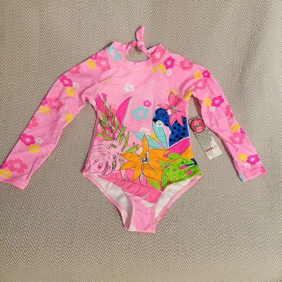 KENSIE GIRL Rashguard One-Piece UPF 50+ Quick Dry Cheetah Cat Swimsuit - Picture 3 of 9